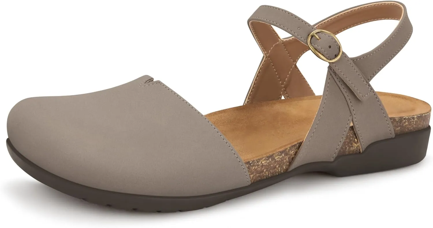 PARTY Closed Toe Sandals Women, Barefoot Arch Support Flat Sandals for Office Work and Travel with Comfortable Cork Footbed