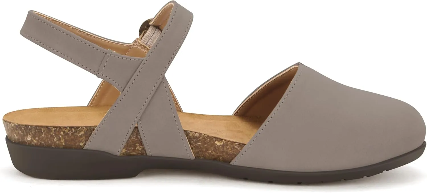 PARTY Closed Toe Sandals Women, Barefoot Arch Support Flat Sandals for Office Work and Travel with Comfortable Cork Footbed