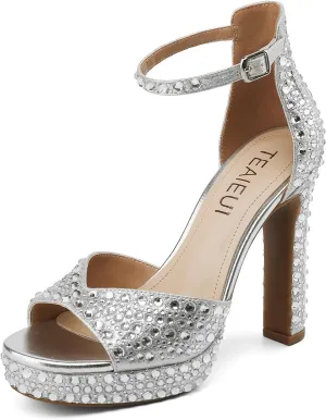 Pearl Rhinestone Heels Platform Block Sandals for Women Wedding Sandals for Bride Chunky Heels Bridal Shoes with Ankle Strap