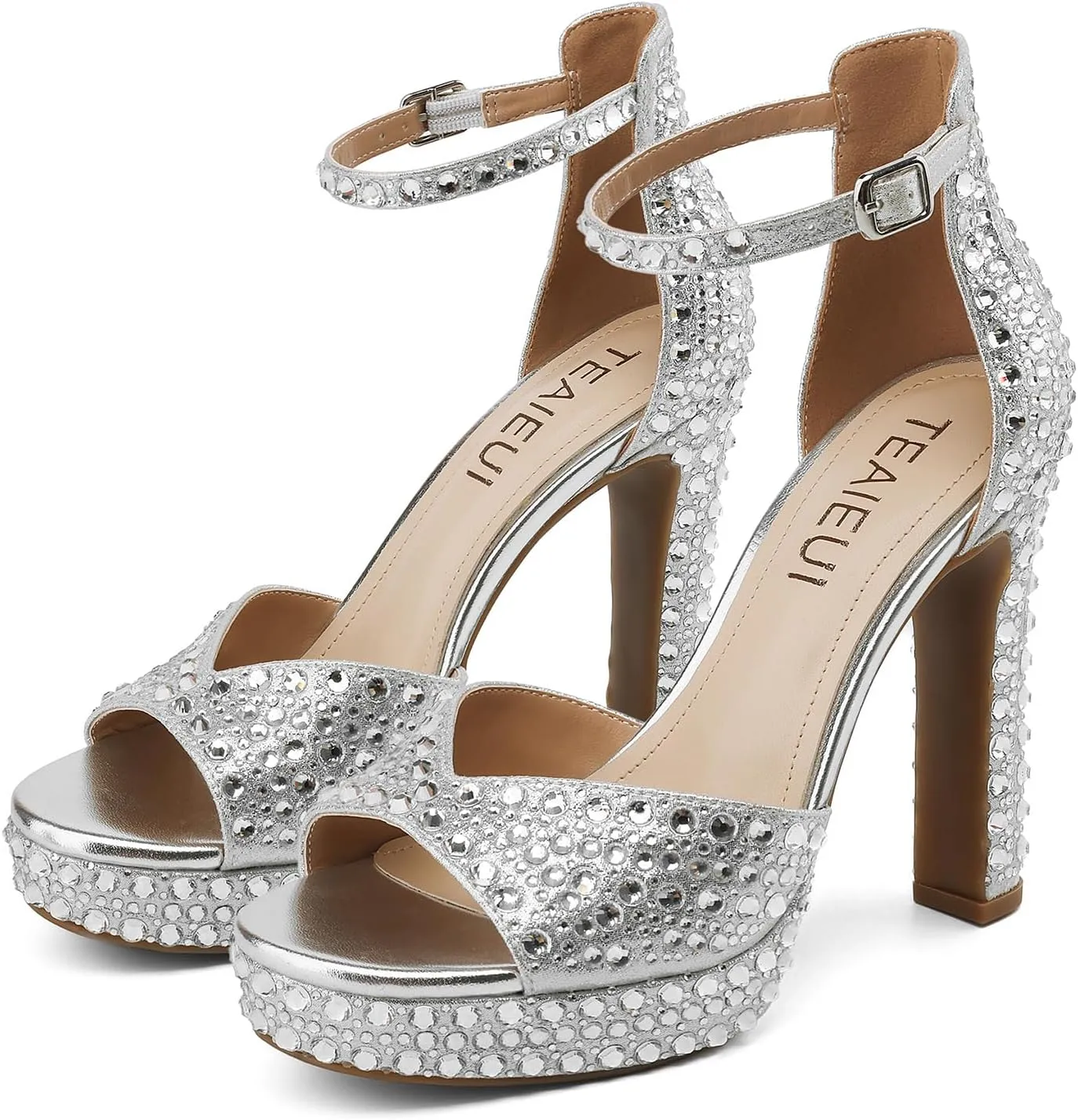 Pearl Rhinestone Heels Platform Block Sandals for Women Wedding Sandals for Bride Chunky Heels Bridal Shoes with Ankle Strap