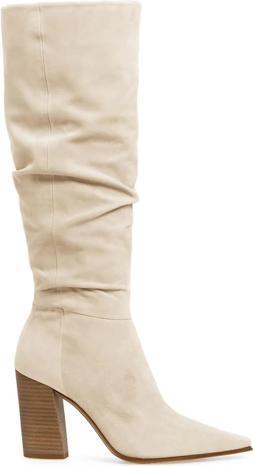 PiePieBuy Womens Faux Suede Knee High Boots Pointed Toe High Chunky Heel Side Zipper Party Dress Booties