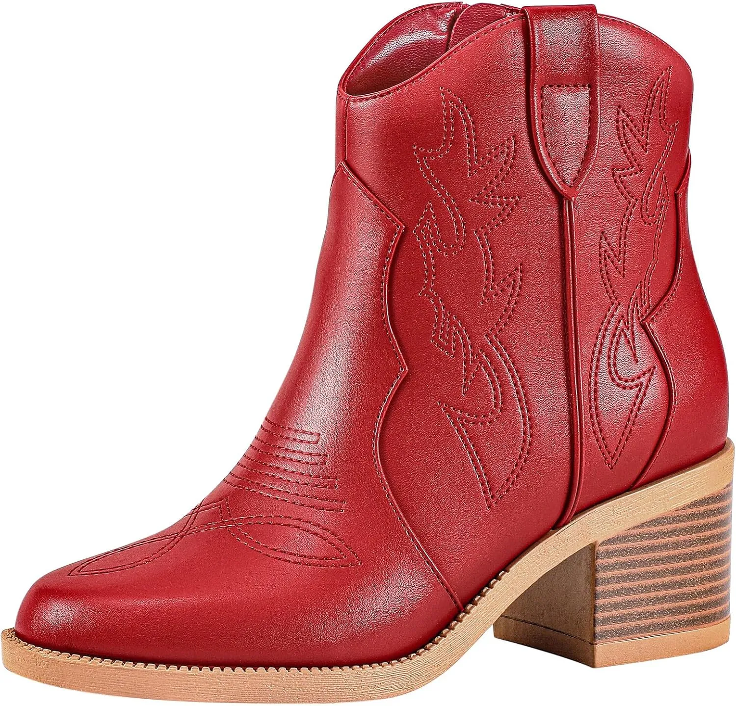 PIZZ ANNU Women's Embroidered Western Cowboy Boots Cowgirl Round Toe Short Ankle Boots Ladies Fashion Retro Classic Booties Chunky Heels
