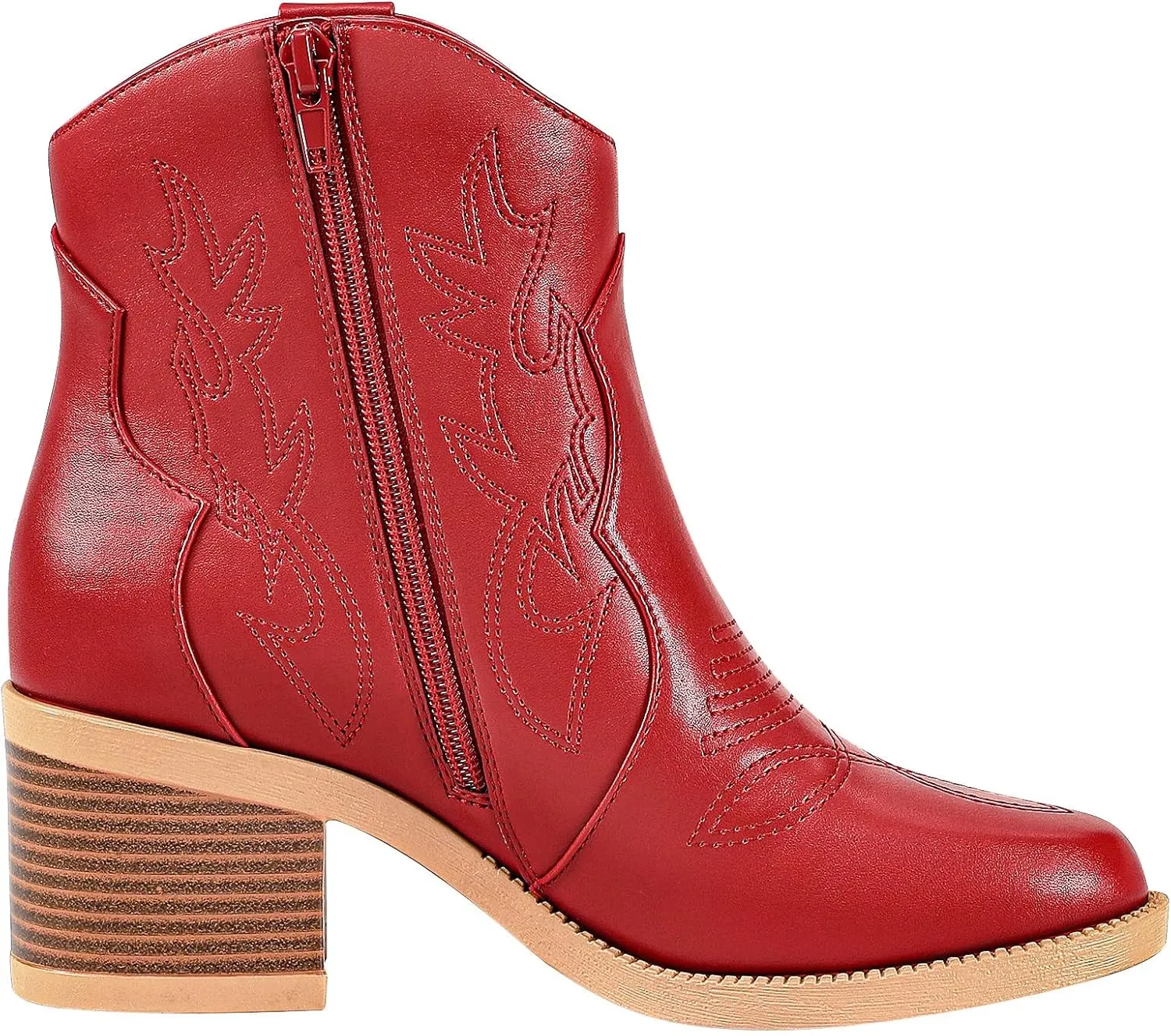 PIZZ ANNU Women's Embroidered Western Cowboy Boots Cowgirl Round Toe Short Ankle Boots Ladies Fashion Retro Classic Booties Chunky Heels