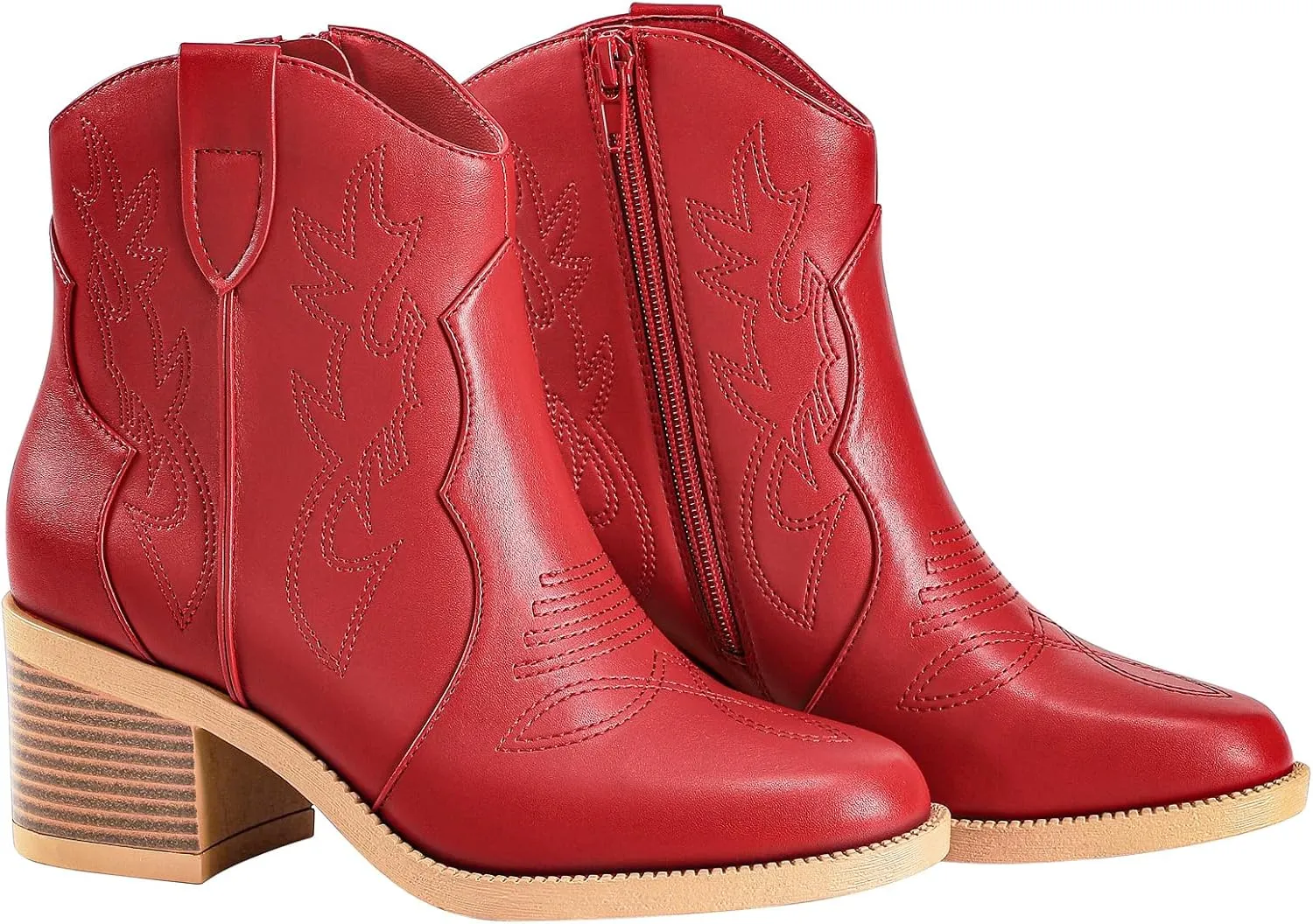 PIZZ ANNU Women's Embroidered Western Cowboy Boots Cowgirl Round Toe Short Ankle Boots Ladies Fashion Retro Classic Booties Chunky Heels