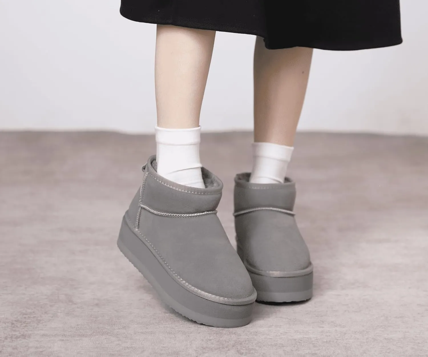 Platform Mini Boots For Women - Genuine Suede Fuzzy Winter Pull-on With Wool Lining - Women's Snow Ankle Fur Boot
