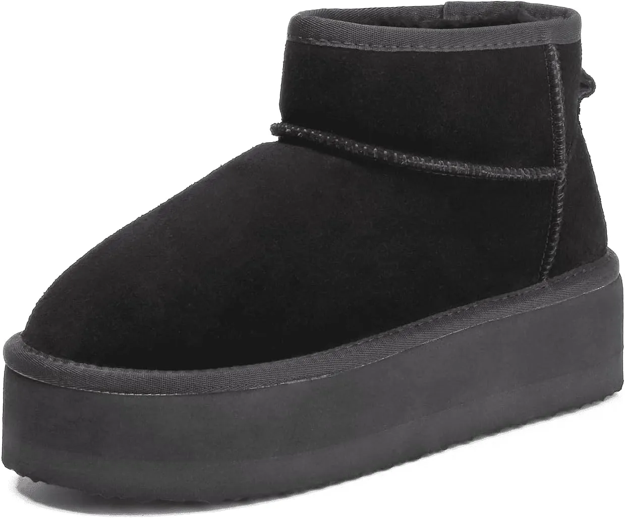 Platform Mini Boots For Women - Genuine Suede Fuzzy Winter Pull-on With Wool Lining - Women's Snow Ankle Fur Boot