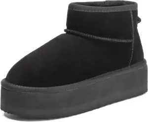 Platform Mini Boots For Women - Genuine Suede Fuzzy Winter Pull-on With Wool Lining - Women's Snow Ankle Fur Boot