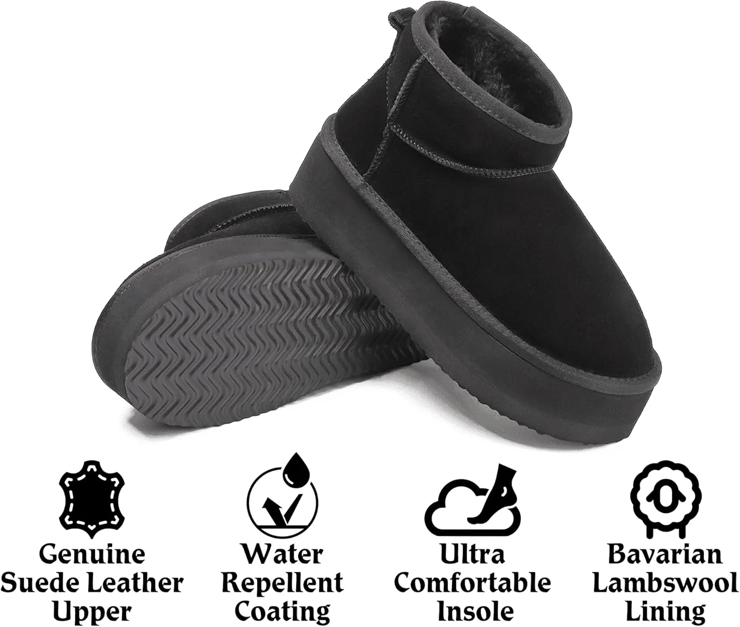 Platform Mini Boots For Women - Genuine Suede Fuzzy Winter Pull-on With Wool Lining - Women's Snow Ankle Fur Boot
