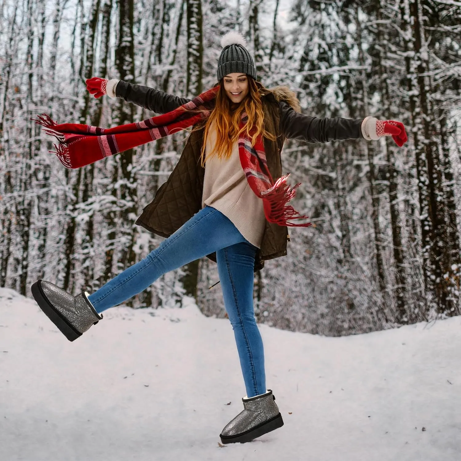 Platform Mini Boots for Women Genuine Suede Leather Anti-Slip Mini Platform Boots Lightweight Warm Snow Boots