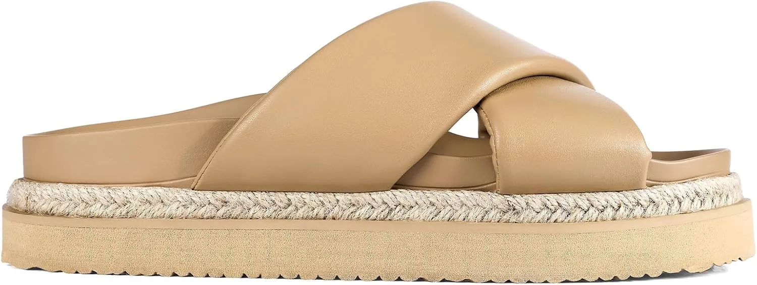Platform Sandals for Women 2025 Raffia Espadrilles Slides Slip On Open Toe Summer Sandals with Criss Cross Decor