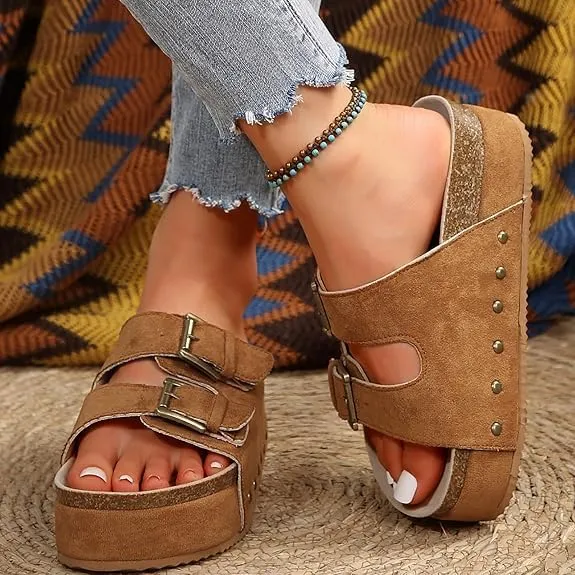 Platform Sandals Women Chunky Y2K, Women's Suede Slip On Flatform Slippers Comfortable with Cork Footbed Studded Flatform Sandals Adjustable Buckle Straps Flat Clogs Open Toe Slide Sandal