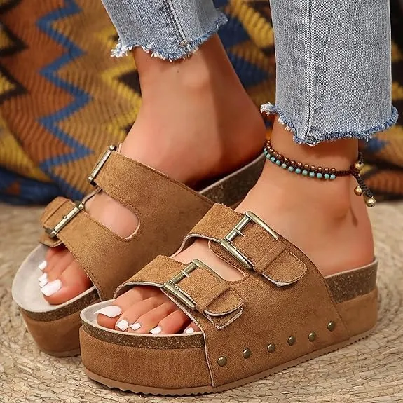 Platform Sandals Women Chunky Y2K, Women's Suede Slip On Flatform Slippers Comfortable with Cork Footbed Studded Flatform Sandals Adjustable Buckle Straps Flat Clogs Open Toe Slide Sandal