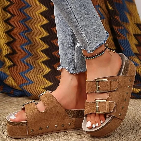 Platform Sandals Women Chunky Y2K, Women's Suede Slip On Flatform Slippers Comfortable with Cork Footbed Studded Flatform Sandals Adjustable Buckle Straps Flat Clogs Open Toe Slide Sandal