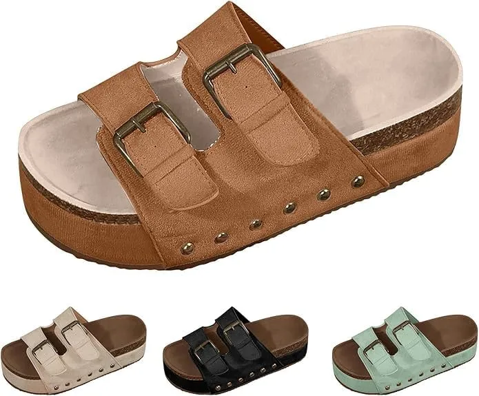 Platform Sandals Women Chunky Y2K, Women's Suede Slip On Flatform Slippers Comfortable with Cork Footbed Studded Flatform Sandals Adjustable Buckle Straps Flat Clogs Open Toe Slide Sandal