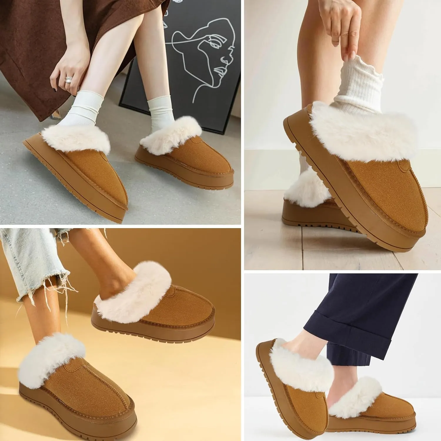 Platform Slippers for Women Winter Snow Mini Boots Suede Warm Lined Shoes Short Ankle Anti-Slip Platform Boots Slip on Home Fuzzy Slippers for Indoor Outdoor