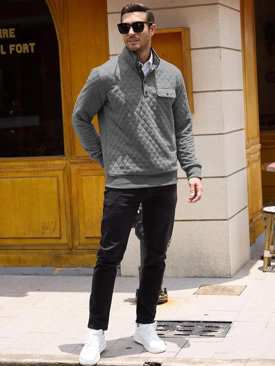 PLEPAN Mens Quilted Sweatshirt Long Sleeve Casual Stand Collar 1/4 Button Pullover Sweatshirts for Men