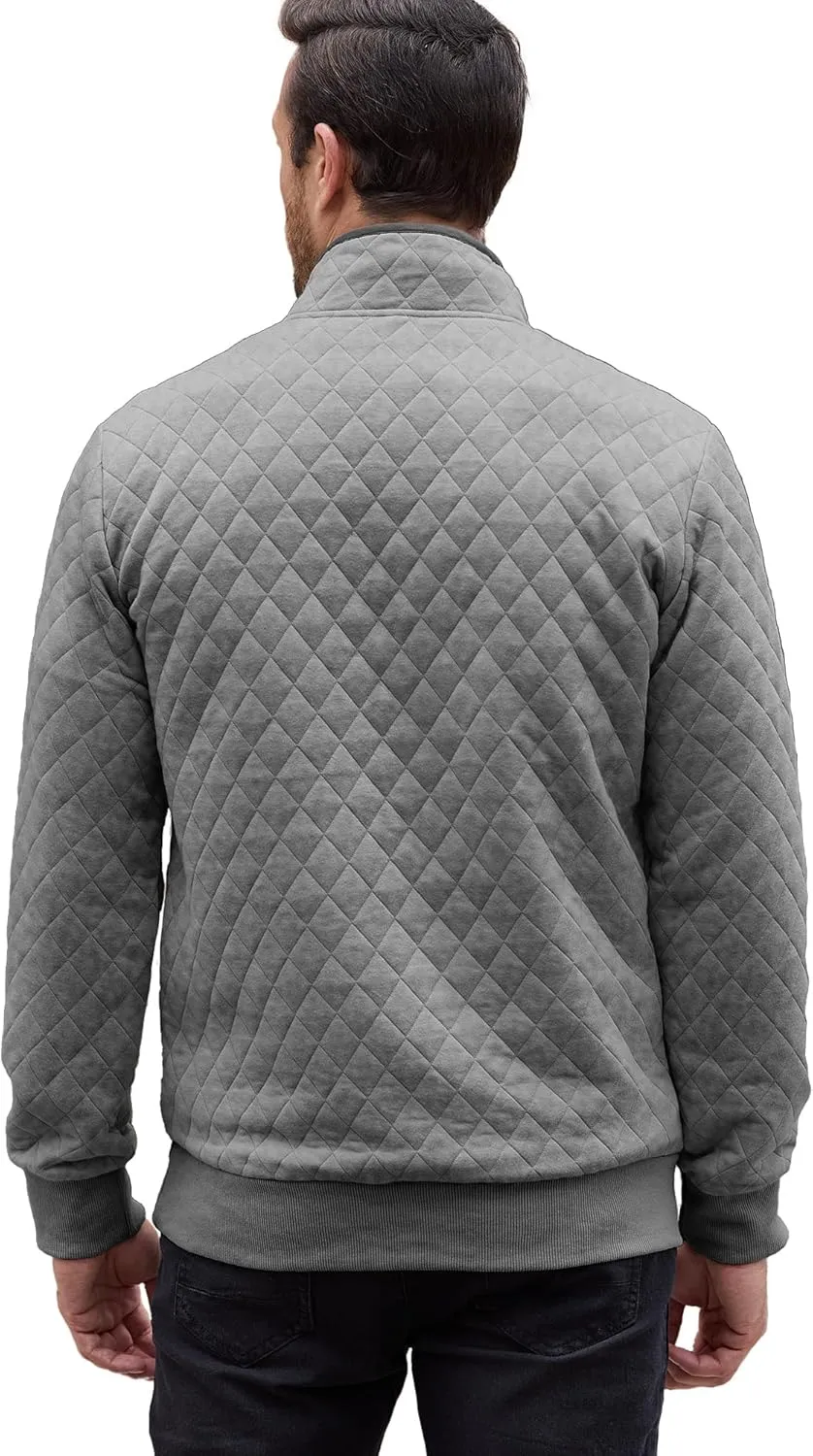PLEPAN Mens Quilted Sweatshirt Long Sleeve Casual Stand Collar 1/4 Button Pullover Sweatshirts for Men