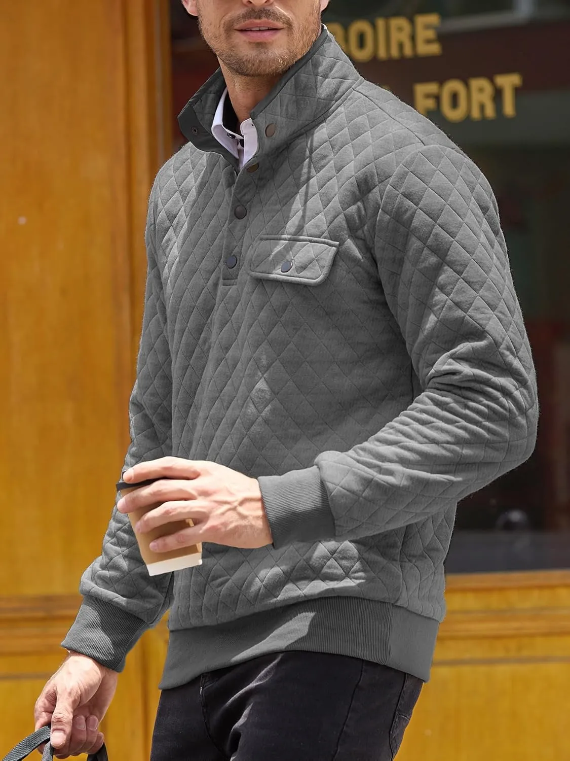 PLEPAN Mens Quilted Sweatshirt Long Sleeve Casual Stand Collar 1/4 Button Pullover Sweatshirts for Men