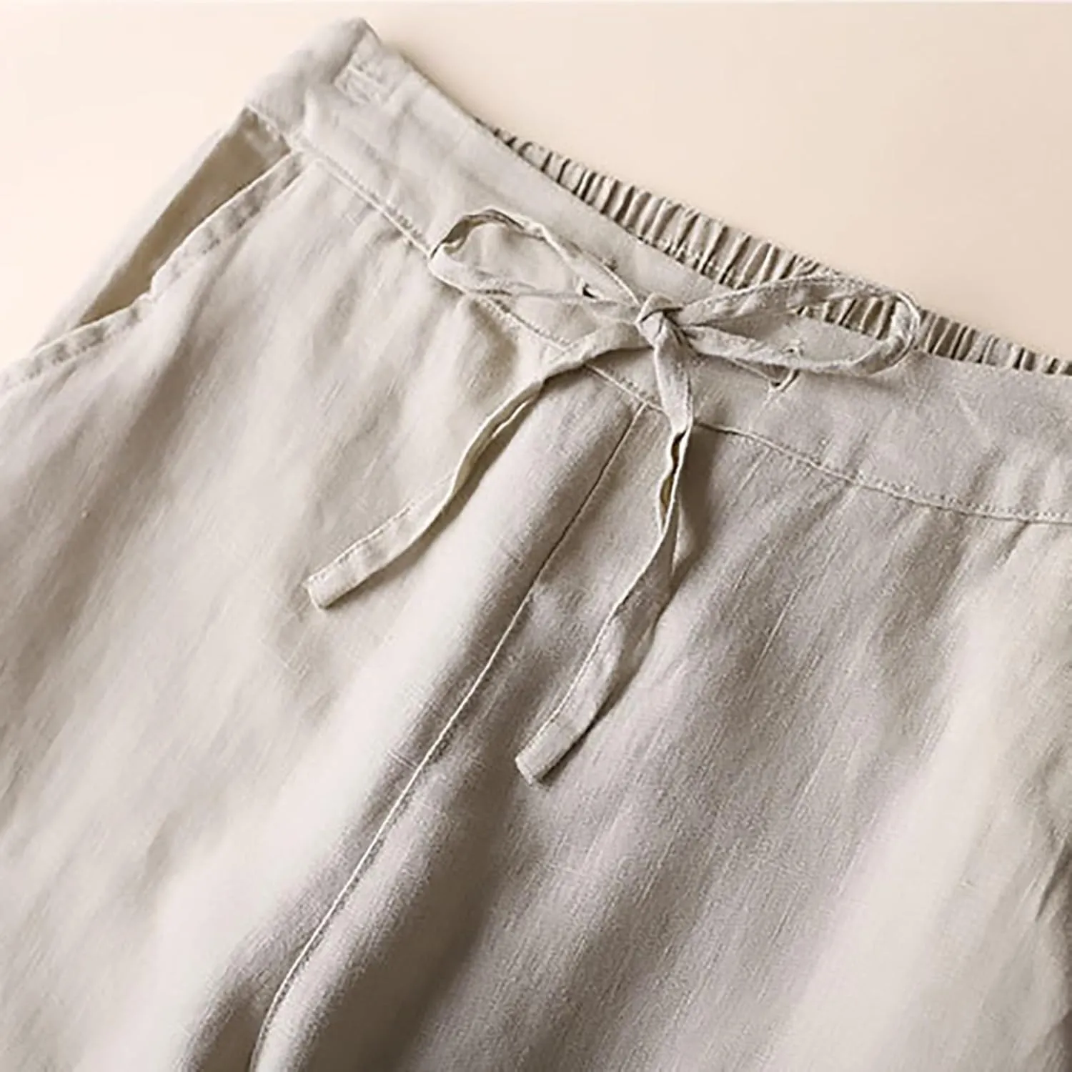 Plus Size Linen Pants Striped Linen Pants High Waist Loose Slit Cropped Pants with Pockets Linen Outfit Women Summer