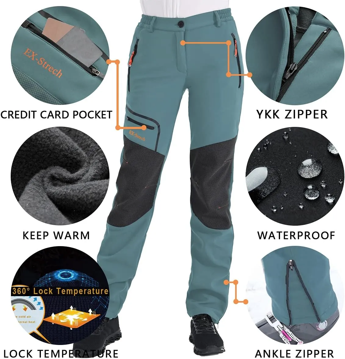 Postropaky Womens Outdoor Snow Ski Pants Waterproof Hiking Insulated Softshell Pants Snowboard Zipper Bottom Leg