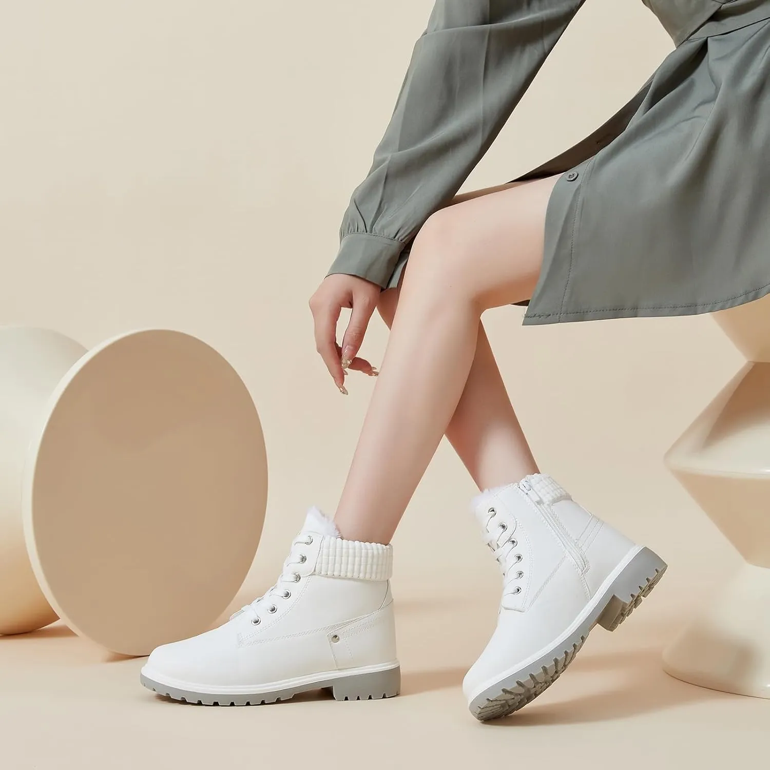 POVOGER Women's Black/White Ankle Bootie Winter Boots with Side Zipper