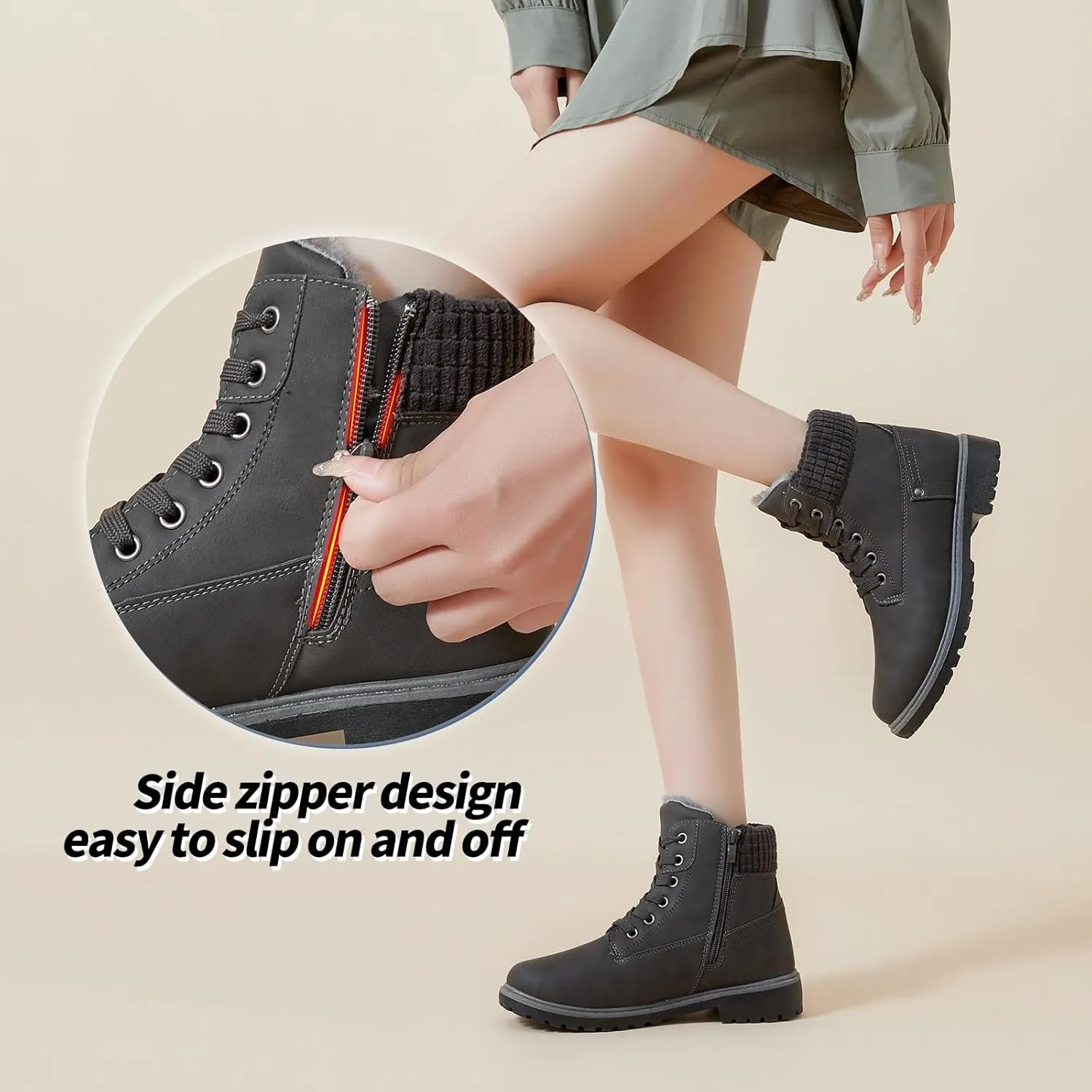 POVOGER Women's Black/White Ankle Bootie Winter Boots with Side Zipper
