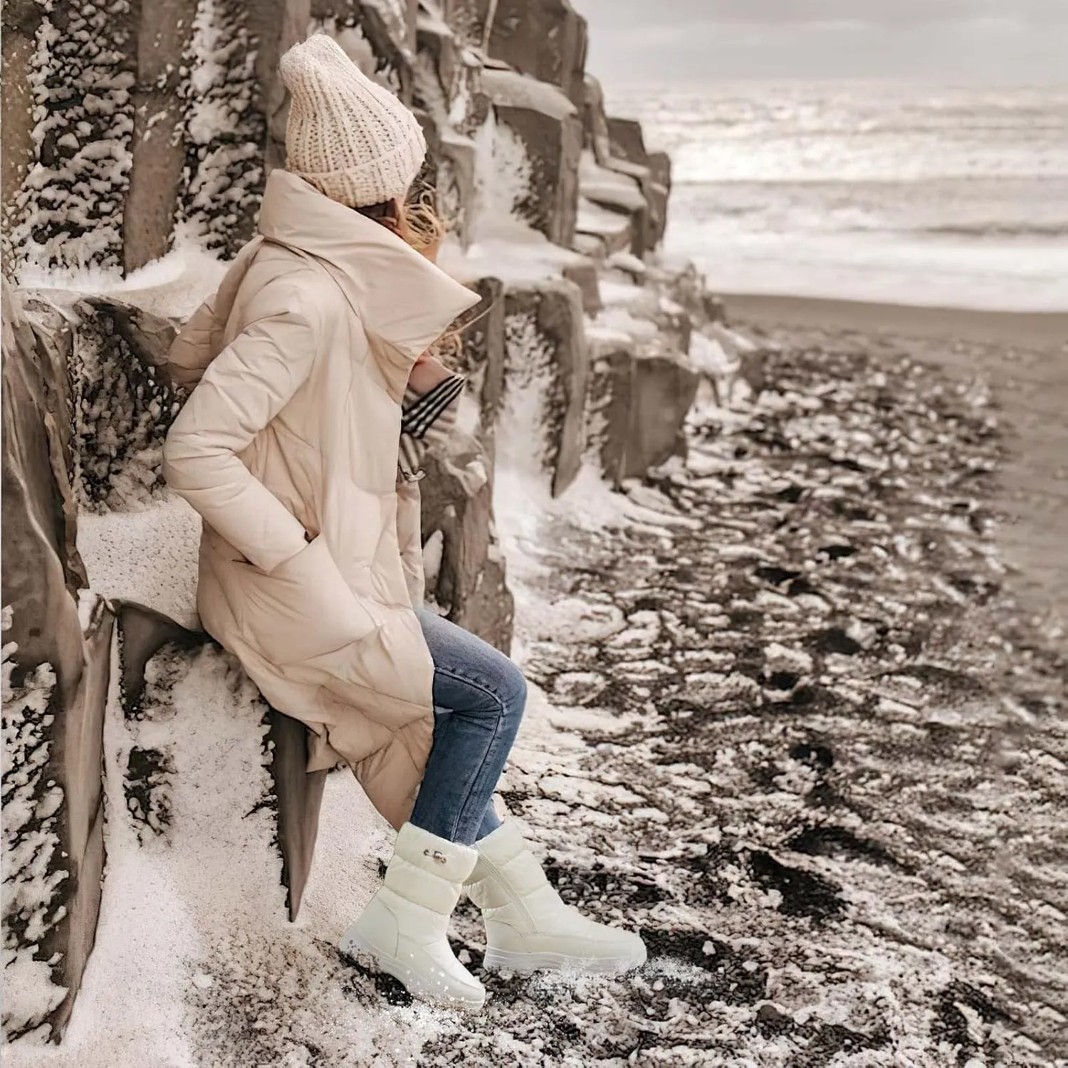 POVOGER Womens Winter Boots Snow Boots For Women Black Mid Calf Platform Boots Warm Fur Fashion Slip On Boots
