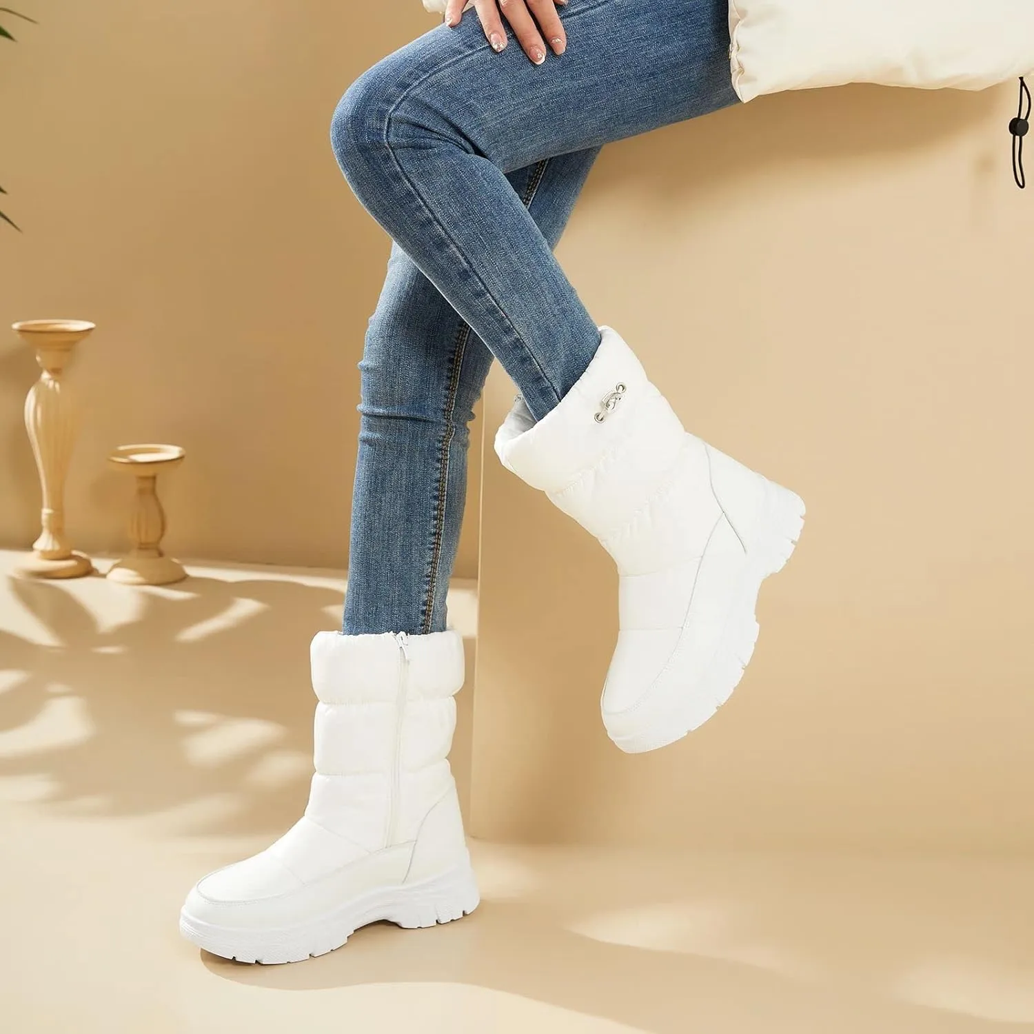 POVOGER Womens Winter Boots Snow Boots For Women Black Mid Calf Platform Boots Warm Fur Fashion Slip On Boots