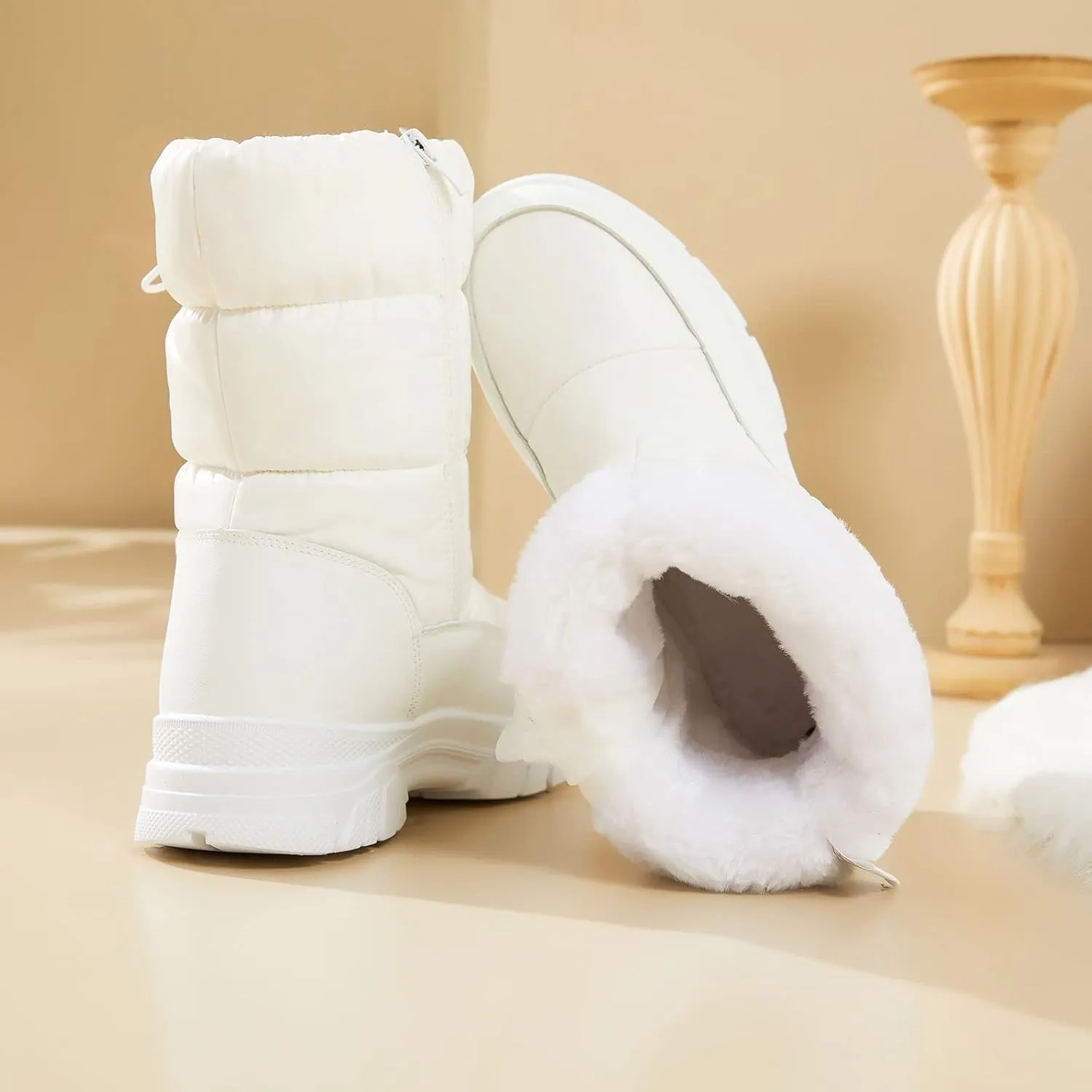 POVOGER Womens Winter Boots Snow Boots For Women Black Mid Calf Platform Boots Warm Fur Fashion Slip On Boots