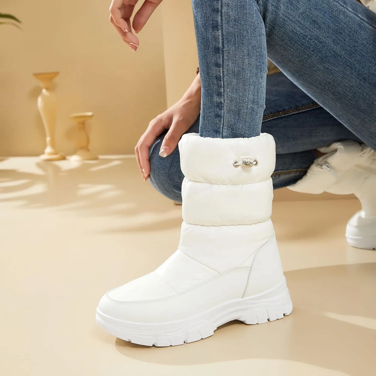 POVOGER Womens Winter Boots Snow Boots For Women Black Mid Calf Platform Boots Warm Fur Fashion Slip On Boots