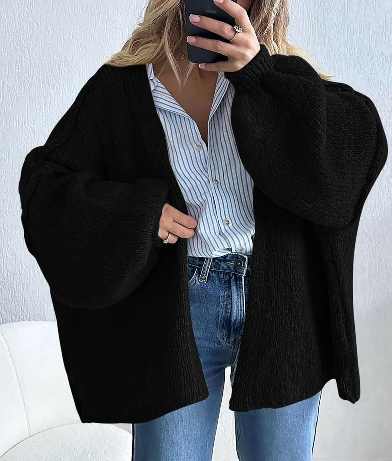 PRETTYGARDEN Womens Oversized Cardigan Sweaters 2025 Fall Long Lantern Sleeve Knit Open Front Lightweight Sweater