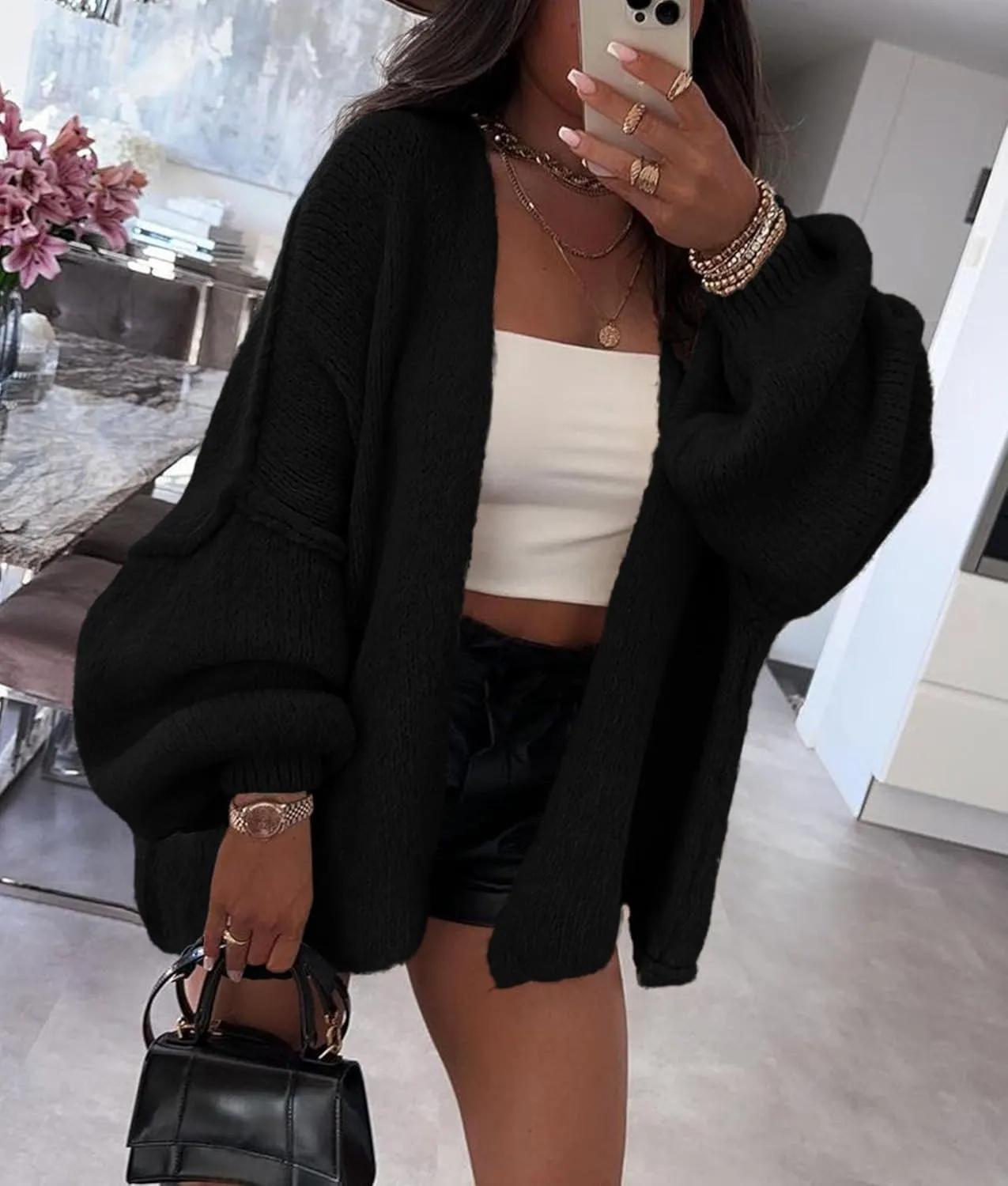 PRETTYGARDEN Womens Oversized Cardigan Sweaters 2025 Fall Long Lantern Sleeve Knit Open Front Lightweight Sweater