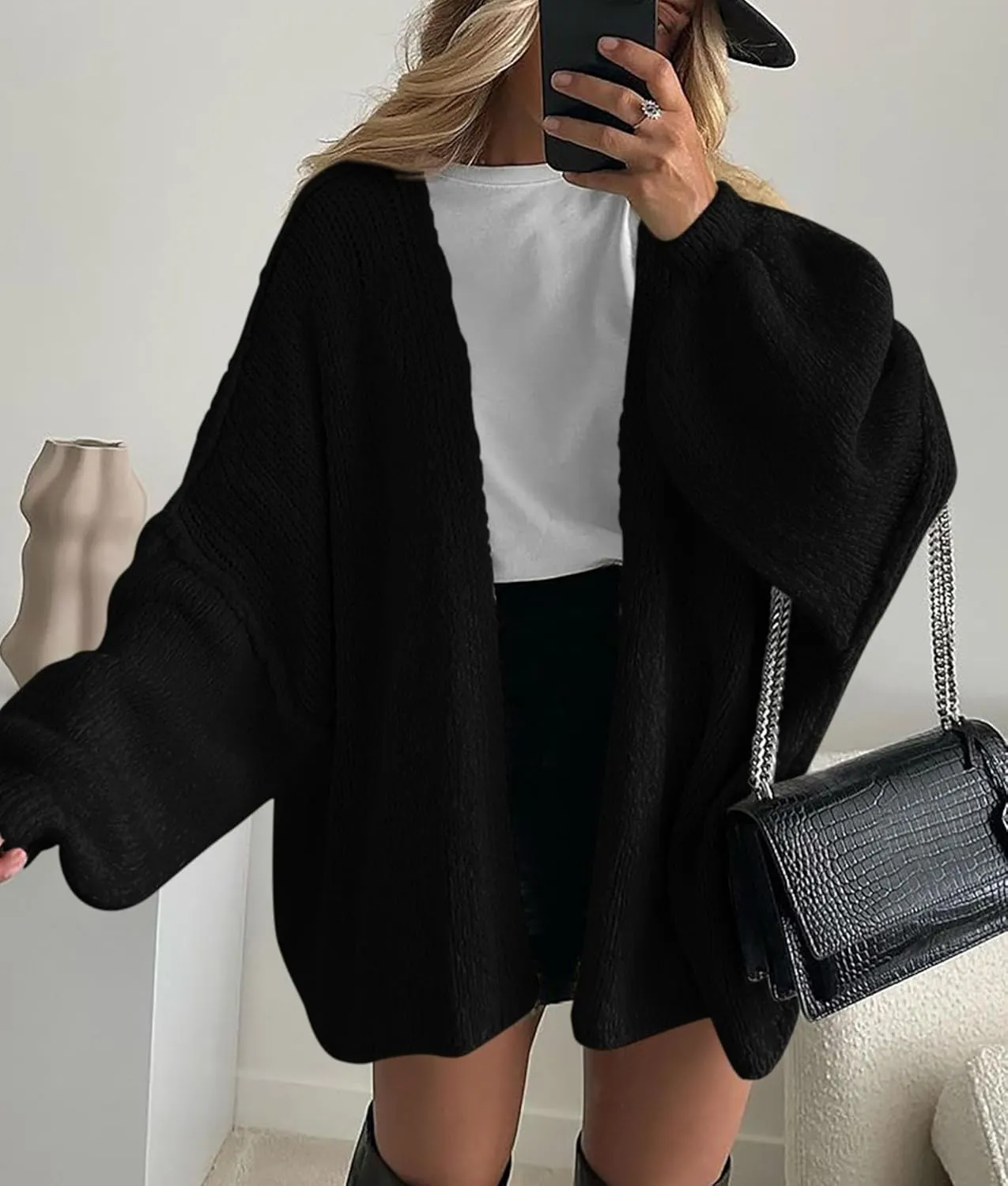 PRETTYGARDEN Womens Oversized Cardigan Sweaters 2025 Fall Long Lantern Sleeve Knit Open Front Lightweight Sweater