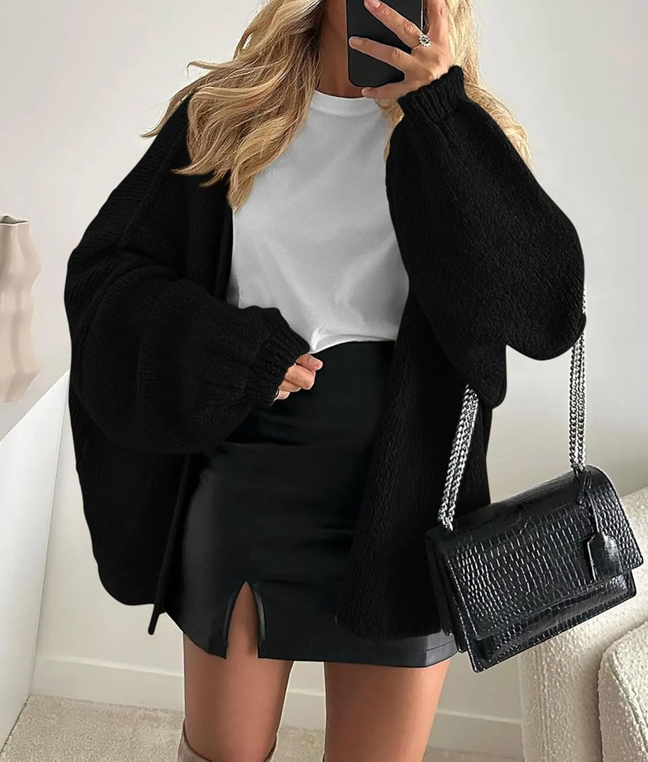 PRETTYGARDEN Womens Oversized Cardigan Sweaters 2025 Fall Long Lantern Sleeve Knit Open Front Lightweight Sweater