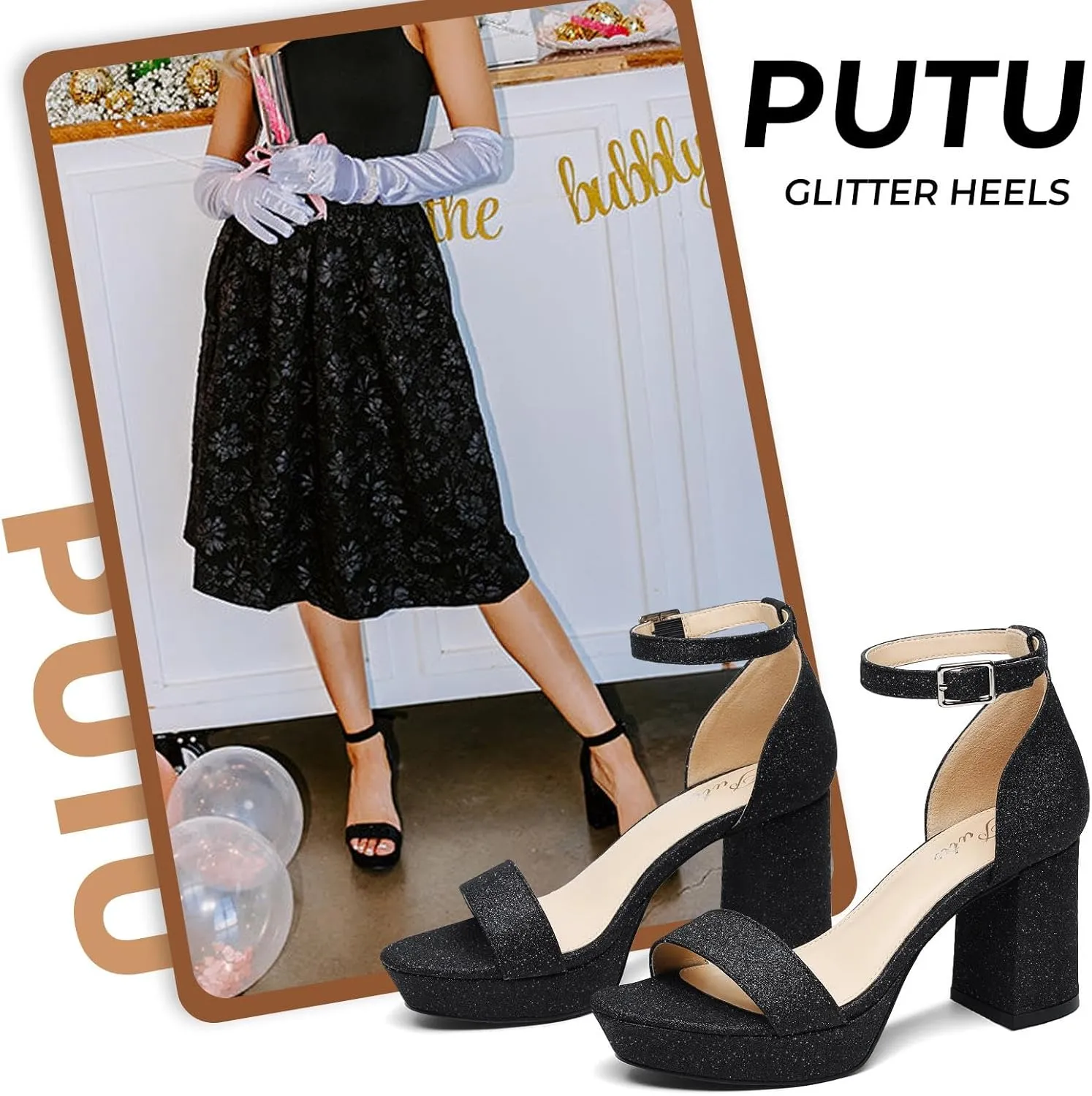 Putu Women's Rhinestone Heeled Sandals Glitter Chunky Heeled Sandals Open Toe Dressy Sandals for Wedding,Prom,Event