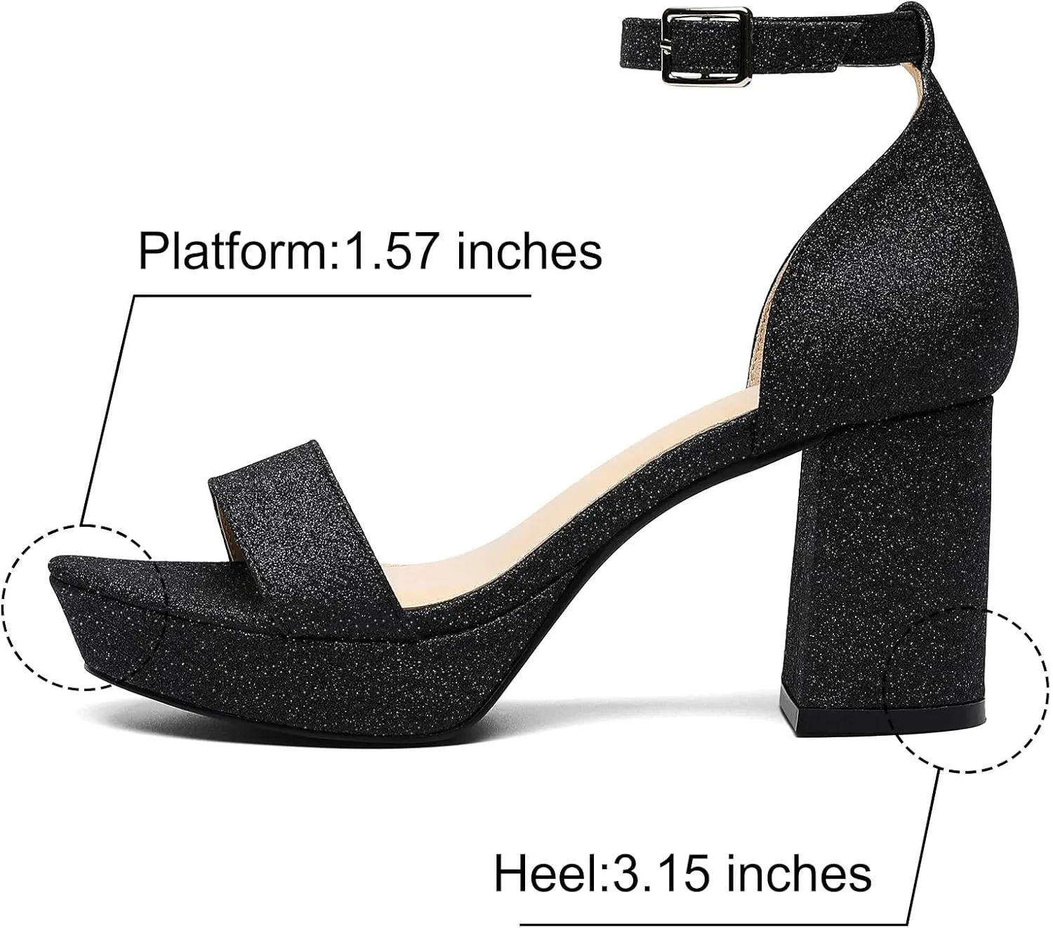 Putu Women's Rhinestone Heeled Sandals Glitter Chunky Heeled Sandals Open Toe Dressy Sandals for Wedding,Prom,Event