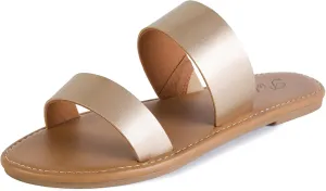 Putu Women's Two Strap Flat Sandals Casual Slide Sandals for Wide Feet