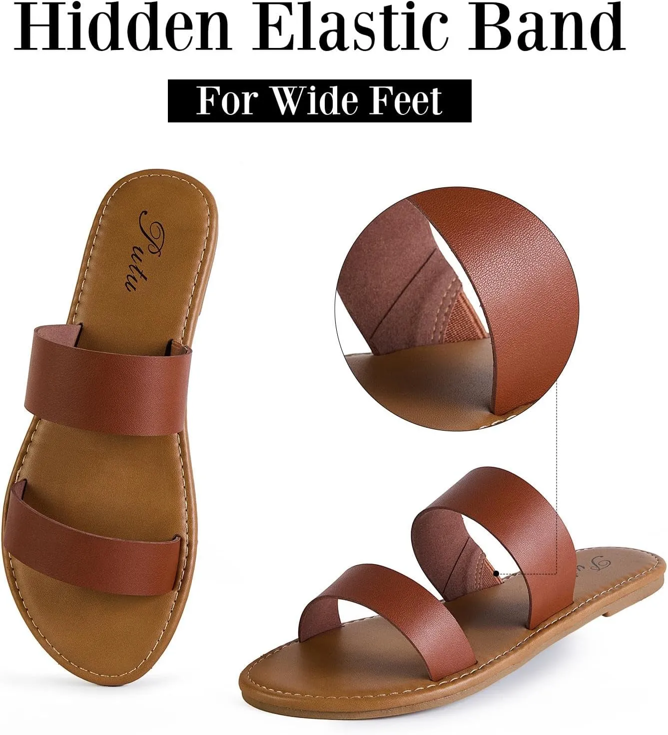 Putu Women's Two Strap Flat Sandals Casual Slide Sandals for Wide Feet