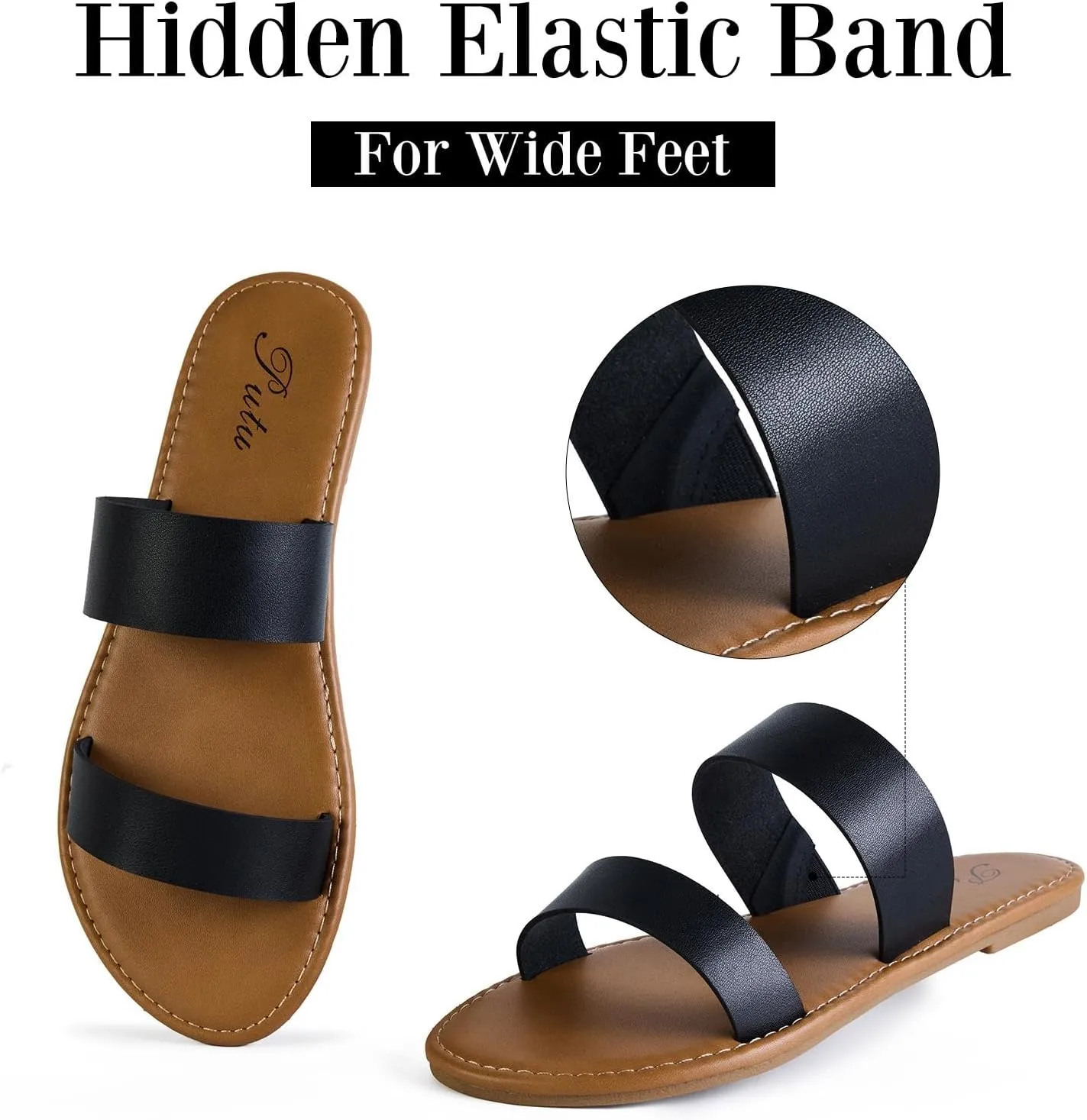 Putu Women's Two Strap Flat Sandals Casual Slide Sandals for Wide Feet