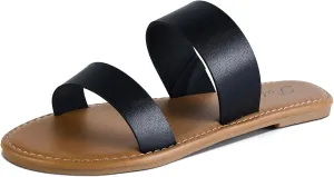 Putu Women's Two Strap Flat Sandals Casual Slide Sandals for Wide Feet