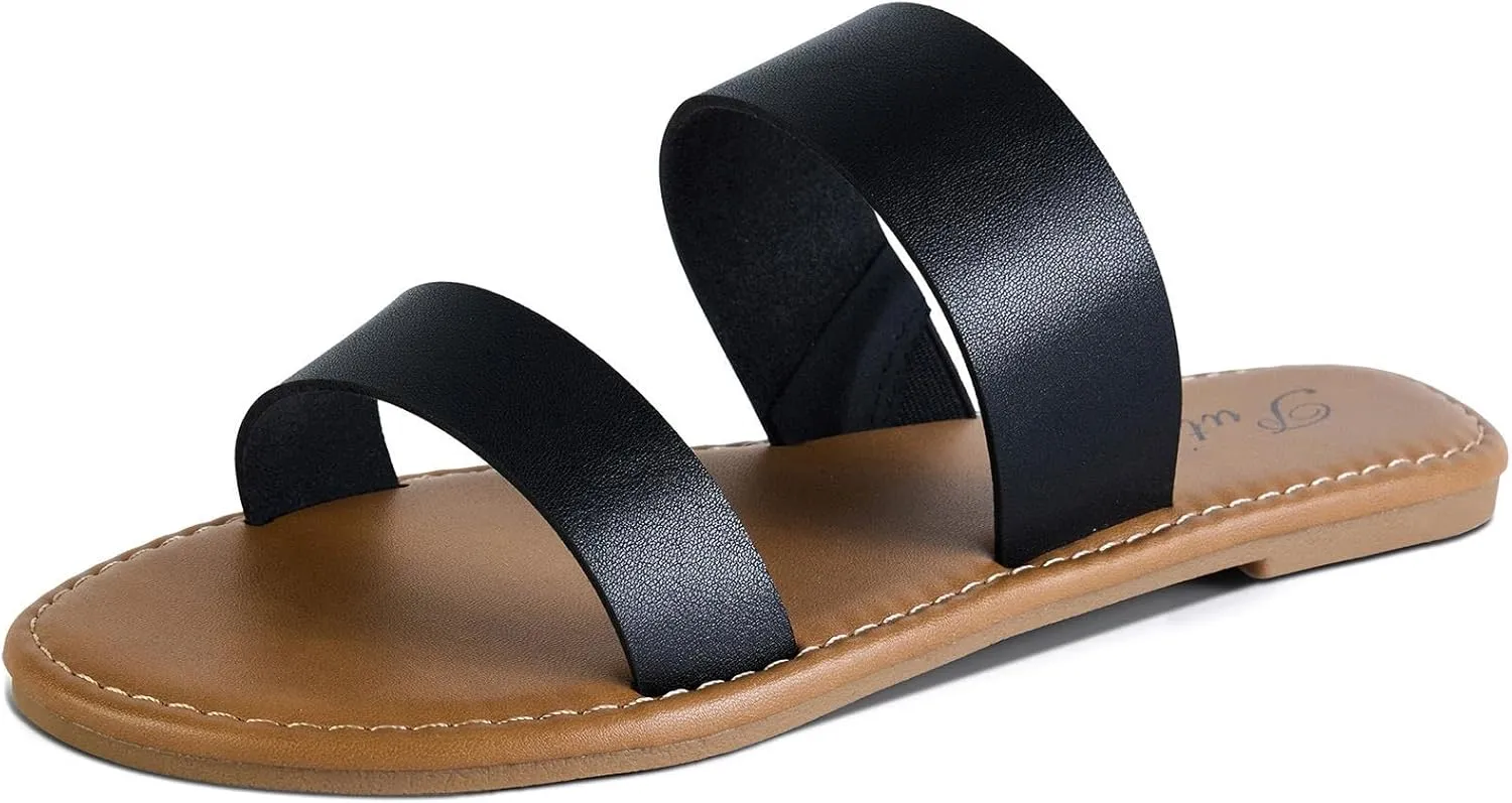 Putu Women's Two Strap Flat Sandals Casual Slide Sandals for Wide Feet