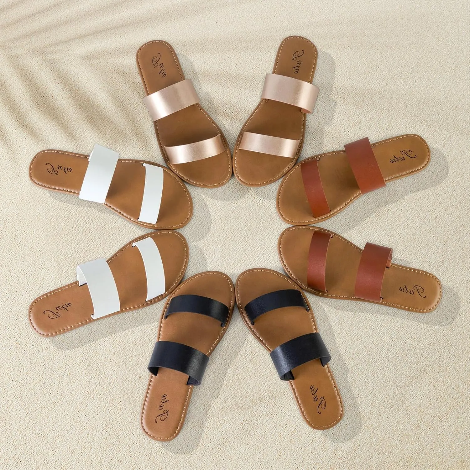 Putu Women's Two Strap Flat Sandals Casual Slide Sandals for Wide Feet