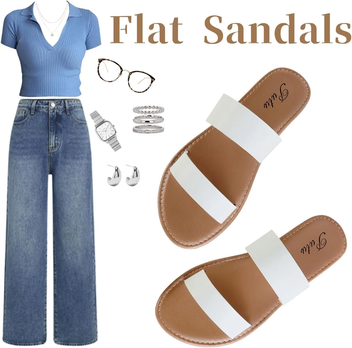 Putu Women's Two Strap Flat Sandals Casual Slide Sandals for Wide Feet