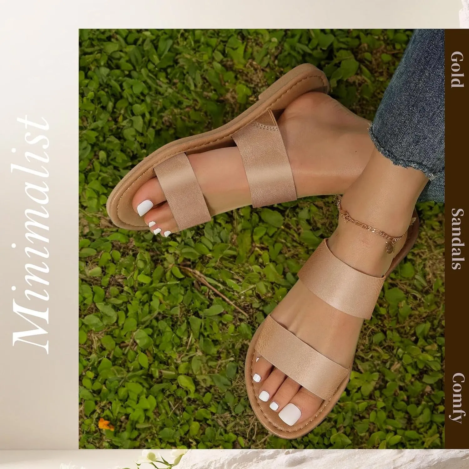 Putu Women's Two Strap Flat Sandals Casual Slide Sandals for Wide Feet