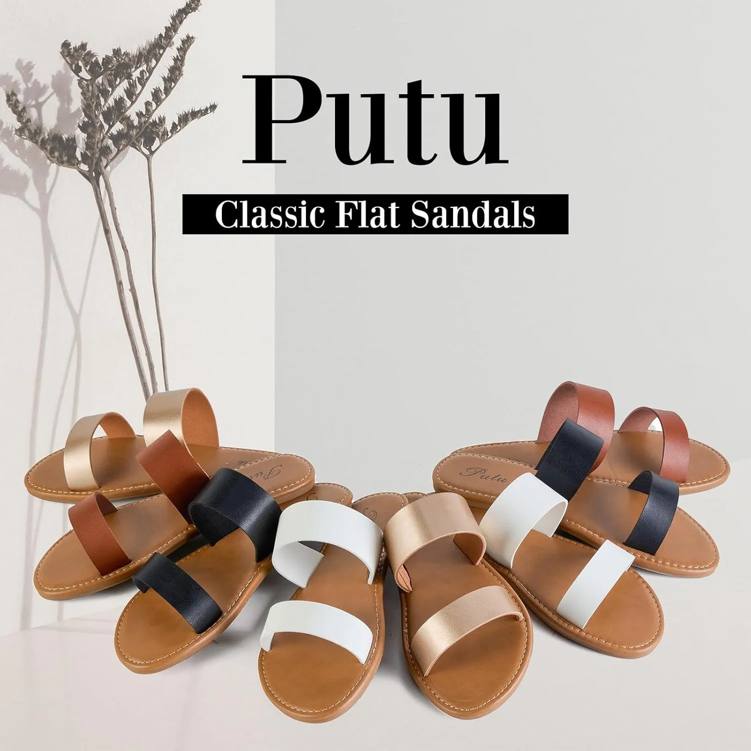 Putu Women's Two Strap Flat Sandals Casual Slide Sandals for Wide Feet