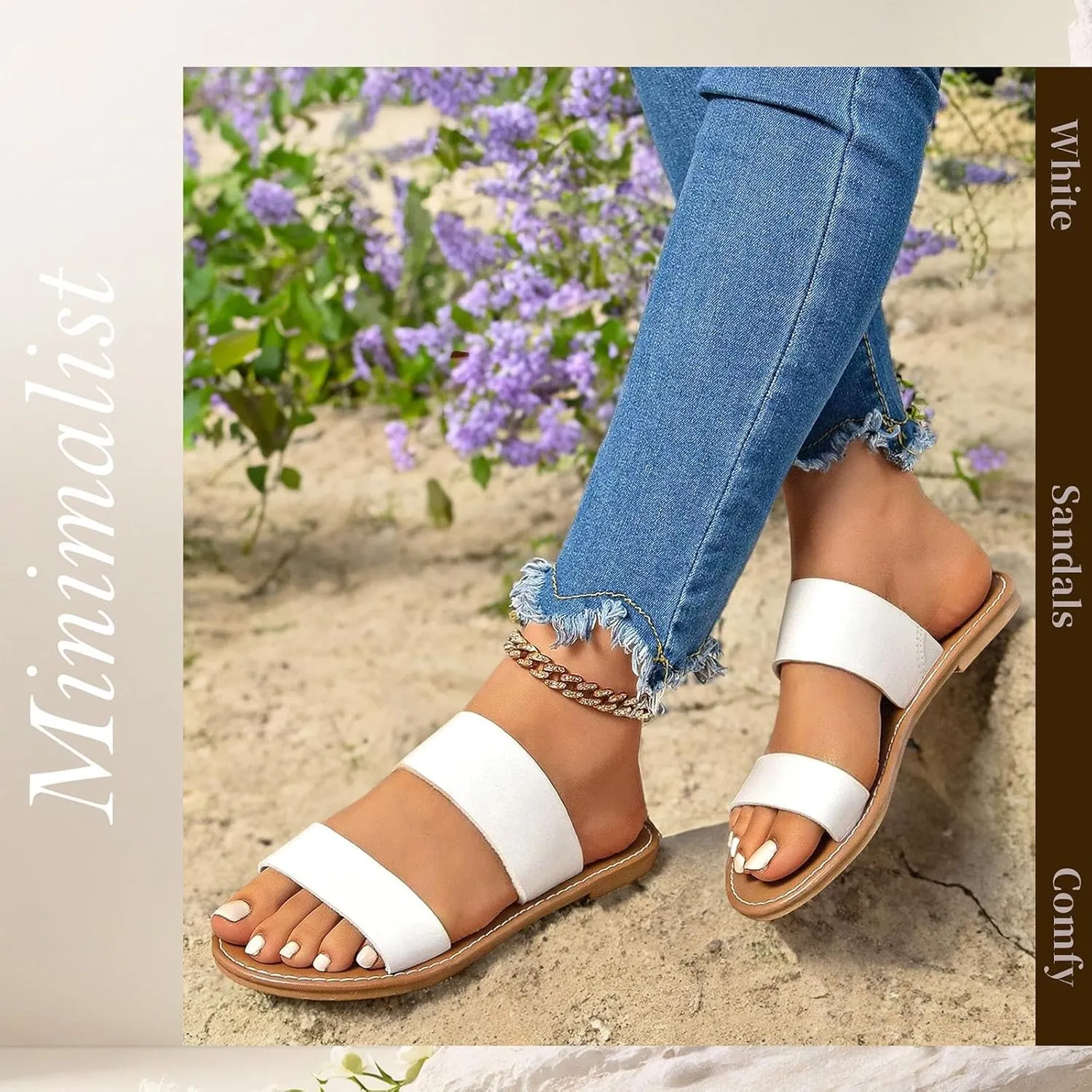 Putu Women's Two Strap Flat Sandals Casual Slide Sandals for Wide Feet