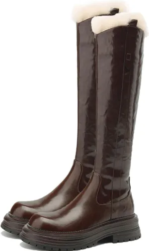Raw Edge Knee High Snow Boots, Zipper Thick Soled Round Toe Straight Boots Short Plush Lining Cold Proof Warm High Boots Waterproof Non Slip Winter Boots