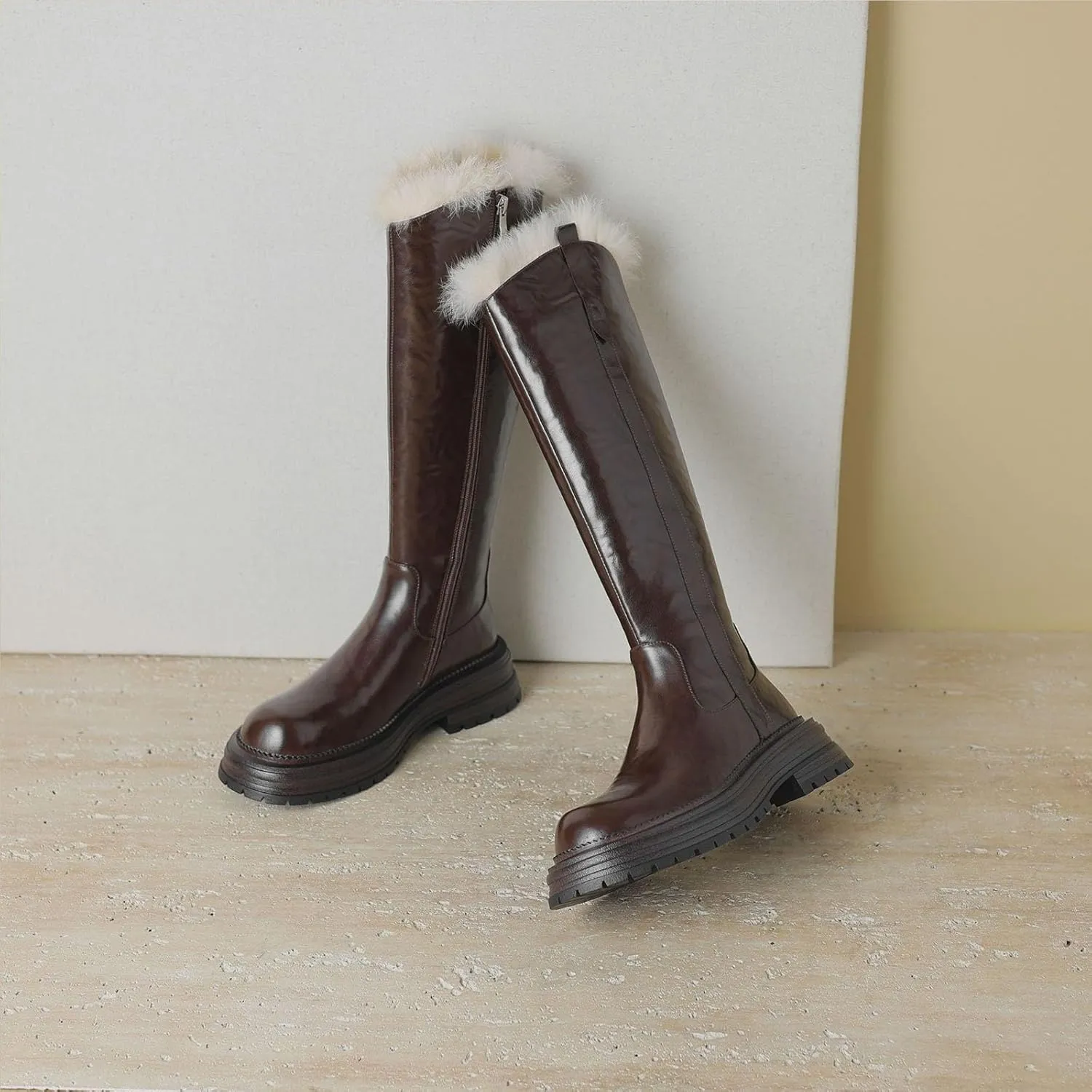 Raw Edge Knee High Snow Boots, Zipper Thick Soled Round Toe Straight Boots Short Plush Lining Cold Proof Warm High Boots Waterproof Non Slip Winter Boots