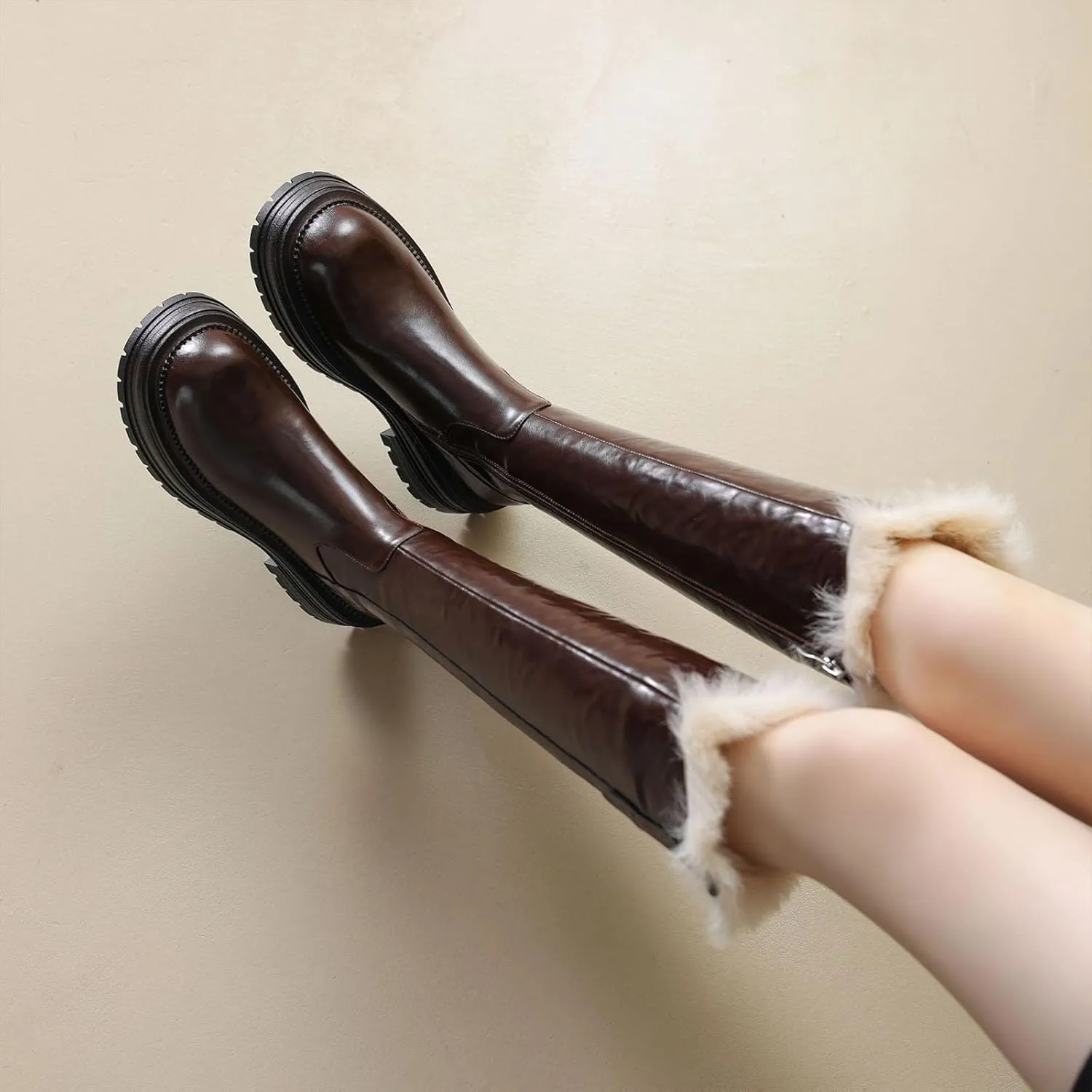 Raw Edge Knee High Snow Boots, Zipper Thick Soled Round Toe Straight Boots Short Plush Lining Cold Proof Warm High Boots Waterproof Non Slip Winter Boots