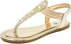 Rekayla Flat Sandals - Sparkling Elastic Strappy Thong Ankle Strap Sandals for Women
